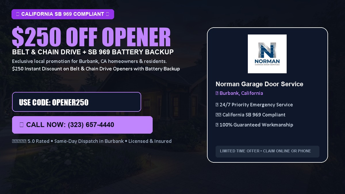 $250 OFF Smart Garage Door Opener Installation (Belt & Chain Drive with California SB 969 Battery Backup) in Burbank, CA